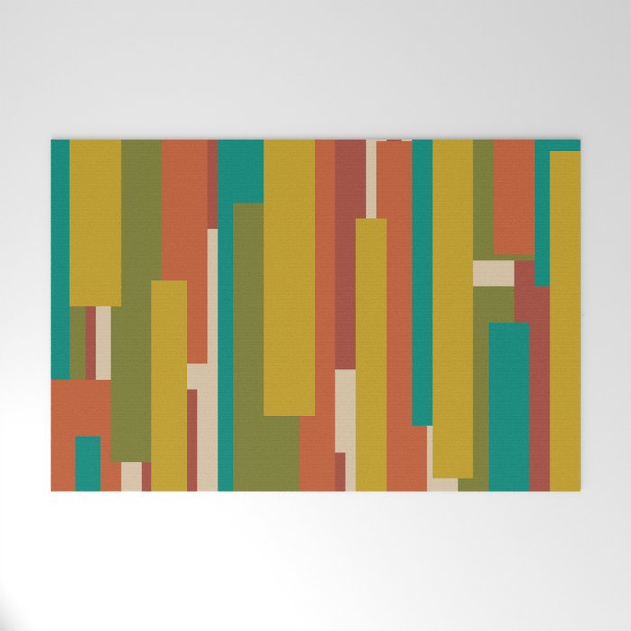 Midcentury Modern Vertical Geometric Pattern in Mid Mod Mustard, Orange, Olive, Teal, and Beige Welcome Mat Gallery Image 1