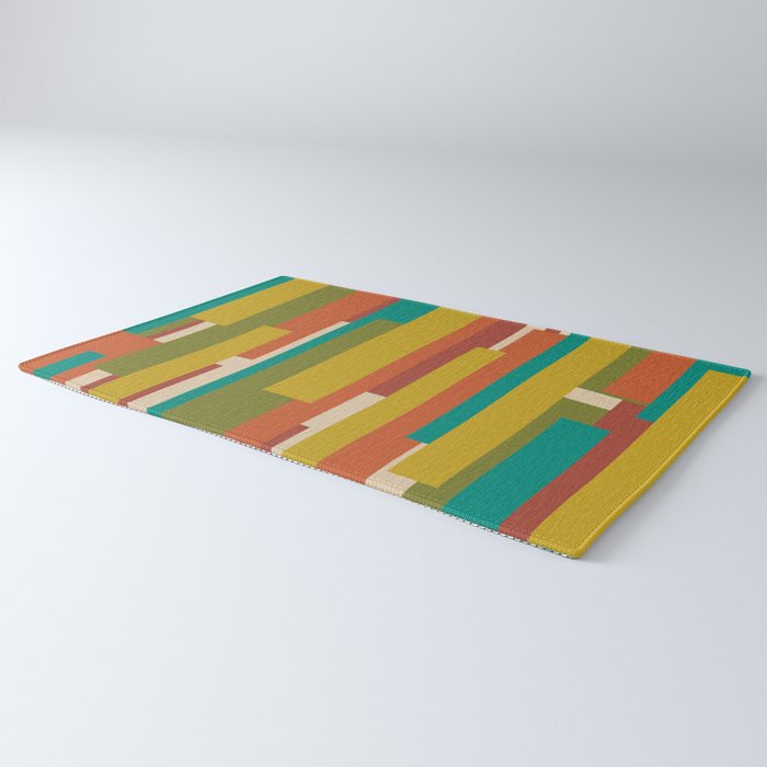 Midcentury Modern Vertical Geometric Pattern in Mid Mod Mustard, Orange, Olive, Teal, and Beige Rug Gallery Image 3