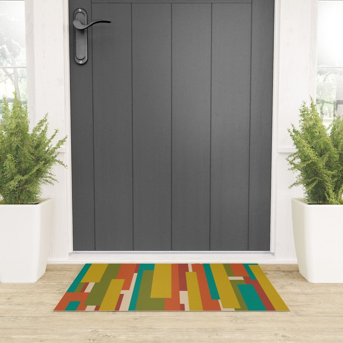 Midcentury Modern Vertical Geometric Pattern in Mid Mod Mustard, Orange, Olive, Teal, and Beige Welcome Mat Gallery Image 3
