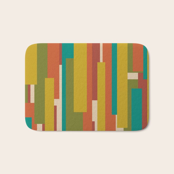 Midcentury Modern Vertical Geometric Pattern in Mid Mod Mustard, Orange, Olive, Teal, and Beige Bath Mat Gallery Image 1