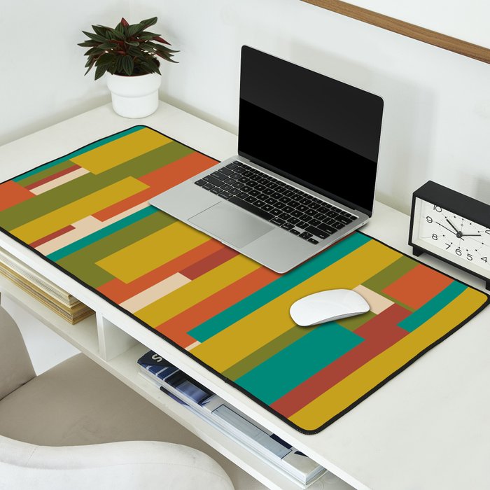 Midcentury Modern Vertical Geometric Pattern in Mid Mod Mustard, Orange, Olive, Teal, and Beige Desk Mat Gallery Image 2