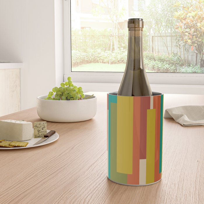 Midcentury Modern Vertical Geometric Pattern in Mid Mod Mustard, Orange, Olive, Teal, and Beige Wine Chiller Gallery Image 4