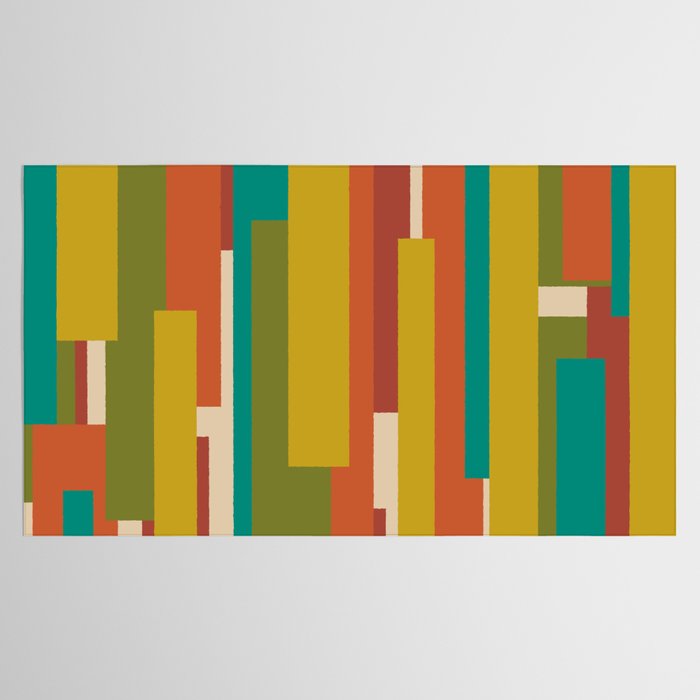 Midcentury Modern Vertical Geometric Pattern in Mid Mod Mustard, Orange, Olive, Teal, and Beige Tablecloth Gallery Image 2
