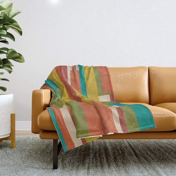 Midcentury Modern Vertical Geometric Pattern in Mid Mod Mustard, Orange, Olive, Teal, and Beige Throw Blanket Gallery Image 1