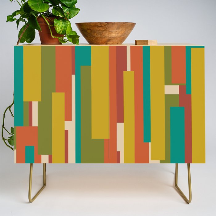 Midcentury Modern Vertical Geometric Pattern in Mid Mod Mustard, Orange, Olive, Teal, and Beige Credenza Gallery Image 1