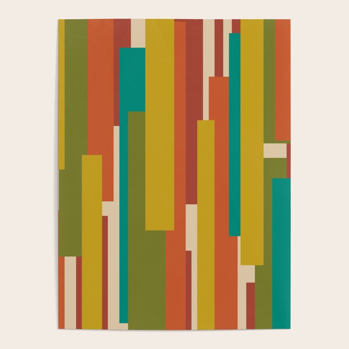 Midcentury Modern Vertical Geometric Pattern in Mid Mod Mustard, Orange, Olive, Teal, and Beige Poster Gallery Image 1