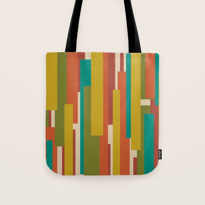 Midcentury Modern Vertical Geometric Pattern in Mid Mod Mustard, Orange, Olive, Teal, and Beige Tote Bag Gallery Image 1