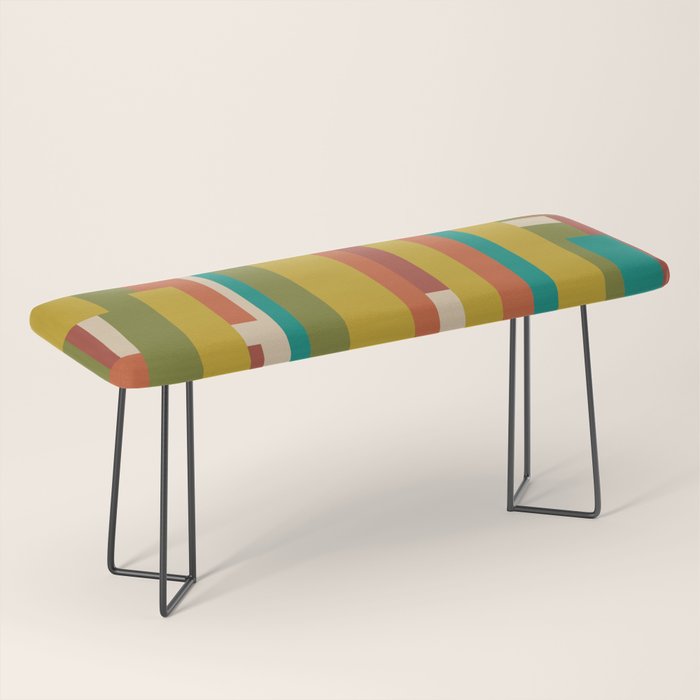 Midcentury Modern Vertical Geometric Pattern in Mid Mod Mustard, Orange, Olive, Teal, and Beige Bench Gallery Image 1