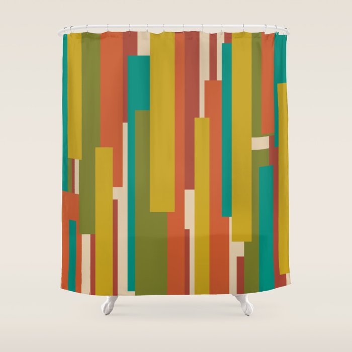 Midcentury Modern Vertical Geometric Pattern in Mid Mod Mustard, Orange, Olive, Teal, and Beige Shower Curtain Gallery Image 1