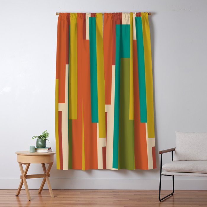 Midcentury Modern Vertical Geometric Pattern in Mid Mod Mustard, Orange, Olive, Teal, and Beige Window Curtain Gallery Image 1
