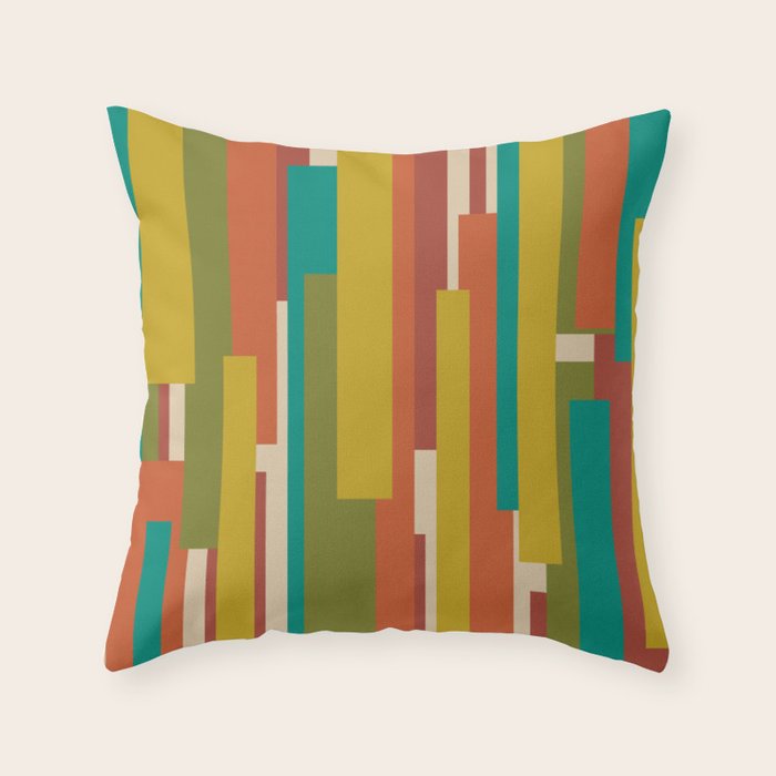 Midcentury Modern Vertical Geometric Pattern in Mid Mod Mustard, Orange, Olive, Teal, and Beige Throw Pillow Gallery Image 1
