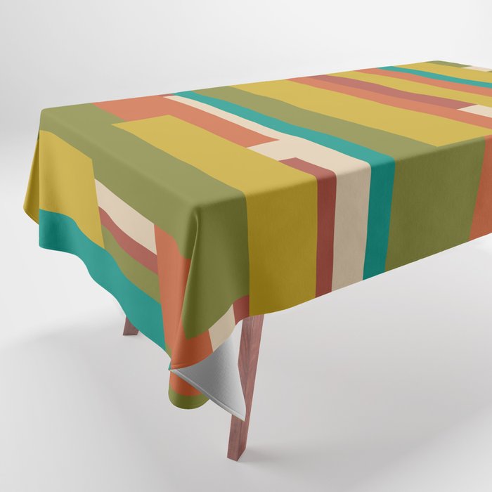 Midcentury Modern Vertical Geometric Pattern in Mid Mod Mustard, Orange, Olive, Teal, and Beige Tablecloth Gallery Image 1