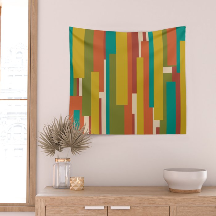 Midcentury Modern Vertical Geometric Pattern in Mid Mod Mustard, Orange, Olive, Teal, and Beige Wall Tapestry Gallery Image 2