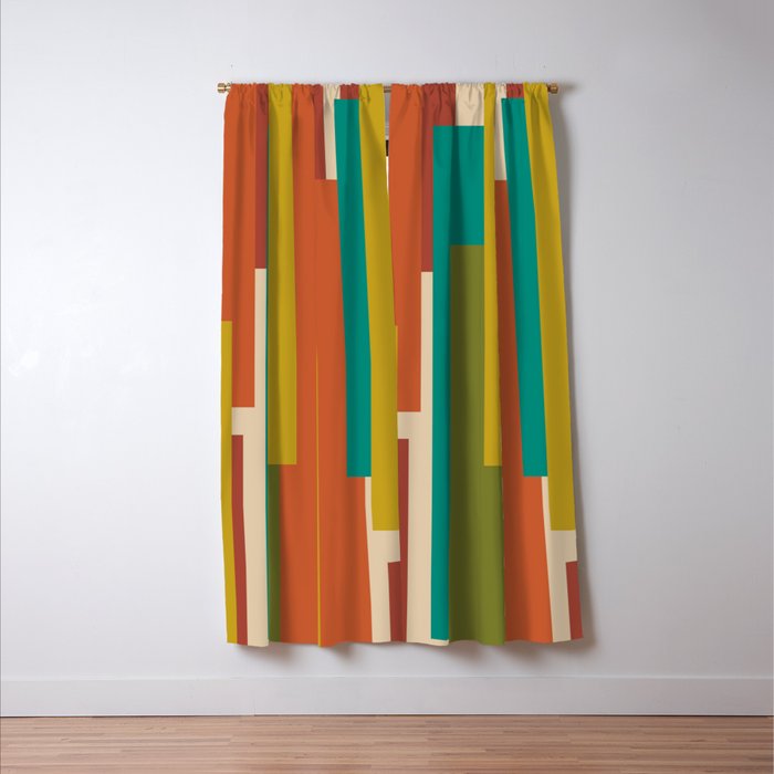 Midcentury Modern Vertical Geometric Pattern in Mid Mod Mustard, Orange, Olive, Teal, and Beige Window Curtain Gallery Image 3