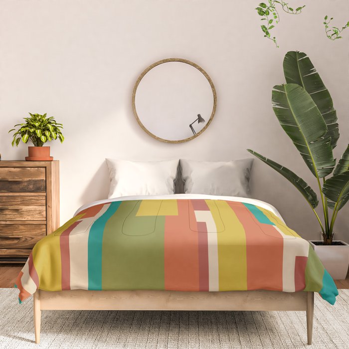 Midcentury Modern Vertical Geometric Pattern in Mid Mod Mustard, Orange, Olive, Teal, and Beige Comforter Gallery Image 3