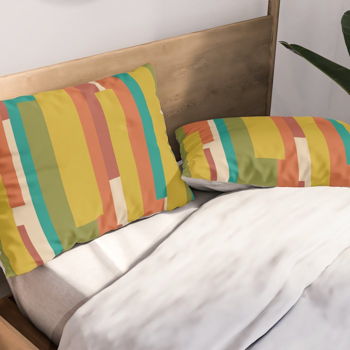 Midcentury Modern Vertical Geometric Pattern in Mid Mod Mustard, Orange, Olive, Teal, and Beige Pillow Sham Gallery Image 2
