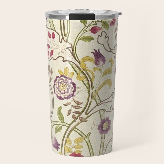 William Morris Mary Isobel Wine Linen Vintage Floral Pattern Travel Mug Gallery Image 1