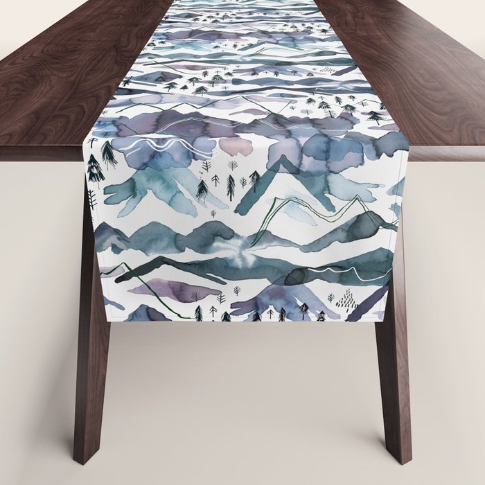 Mountains Watercolor Nature Trees Ski Snow Blue Indigo Table Runner Gallery Image 1