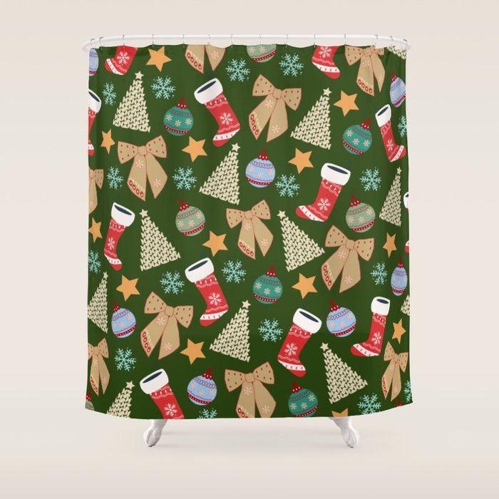 Cute Christmas Dark Green Shower Curtain Gallery Image 1