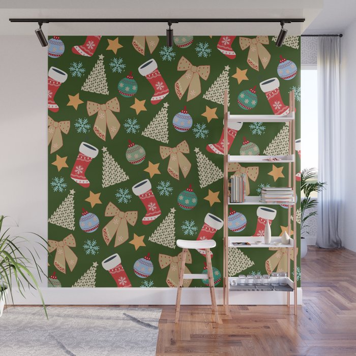 Cute Christmas Dark Green Wall Mural Gallery Image 1