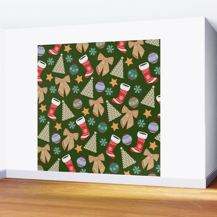 Cute Christmas Dark Green Wall Mural Gallery Image 2