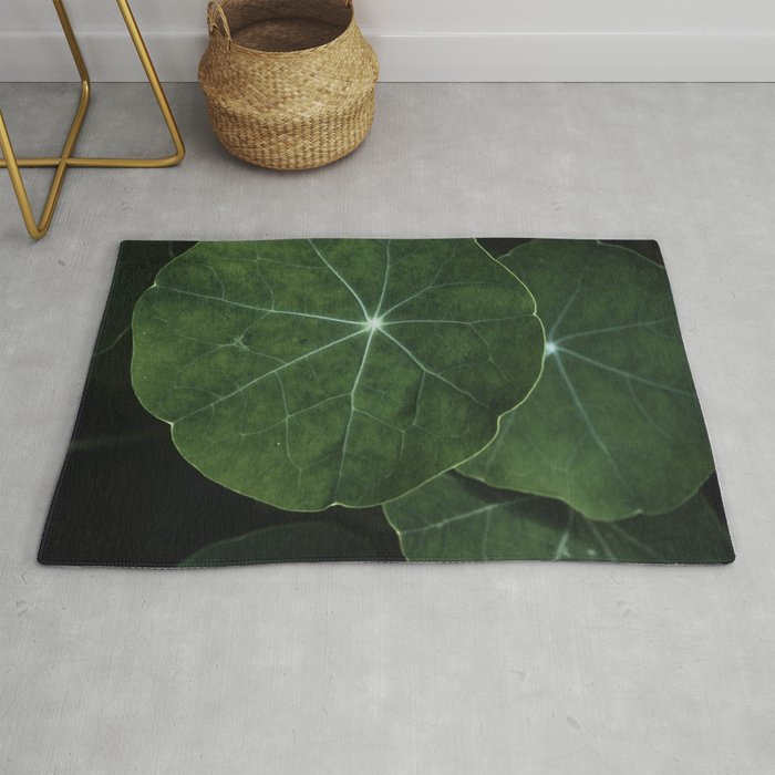 Nasturtium Leaf Botanical Photograph - moody minimal modern photography Rug Gallery Image 1