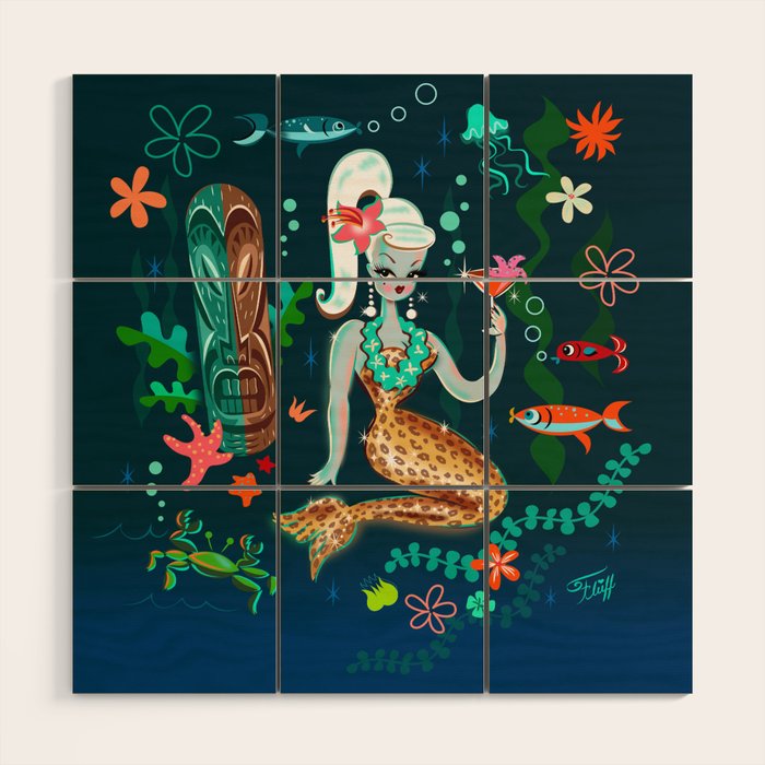 Blonde Leopard Martini Mermaid Wood Wall Art Gallery Image 1