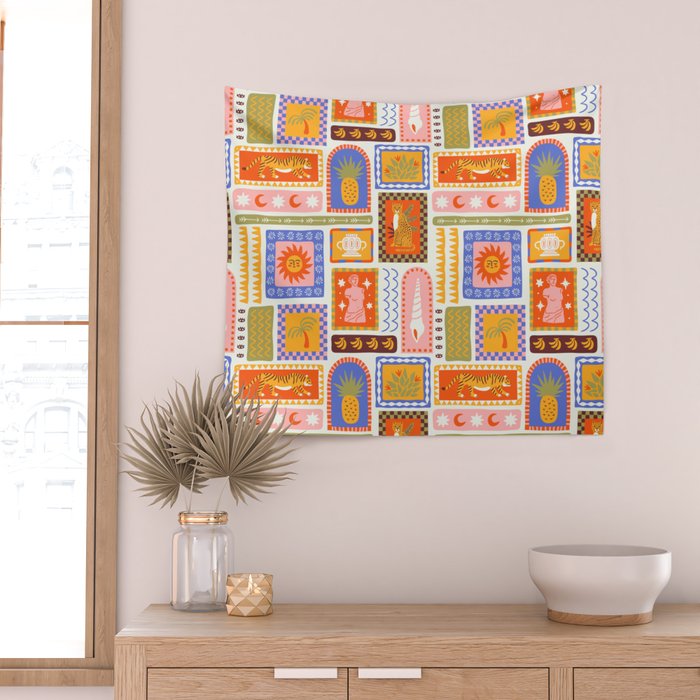 Vintage tropical summer patchwork tapestry pattern Wall Tapestry Gallery Image 2
