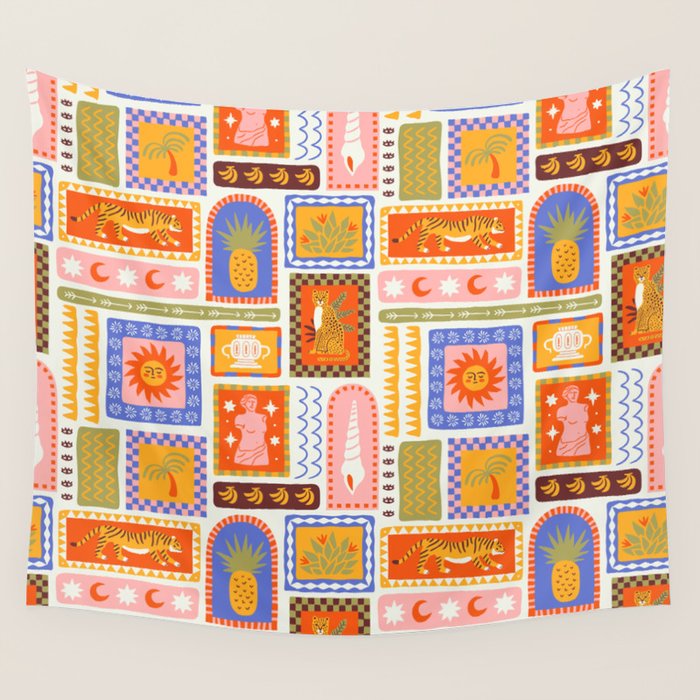 Vintage tropical summer patchwork tapestry pattern Wall Tapestry Gallery Image 4