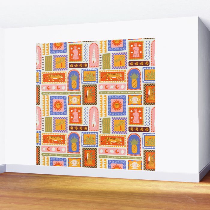 Vintage tropical summer patchwork tapestry pattern Wall Mural Gallery Image 2