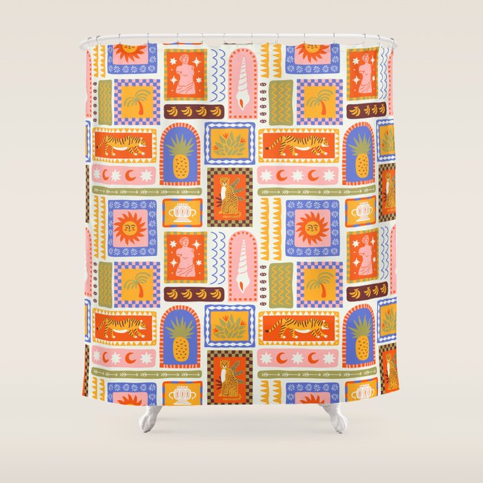 Vintage tropical summer patchwork tapestry pattern Shower Curtain Gallery Image 1