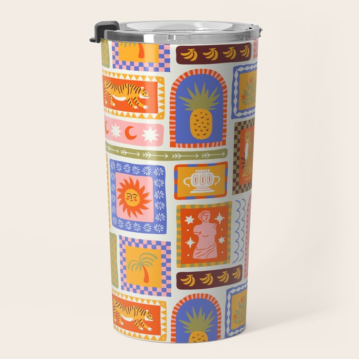 Vintage tropical summer patchwork tapestry pattern Travel Mug Gallery Image 3