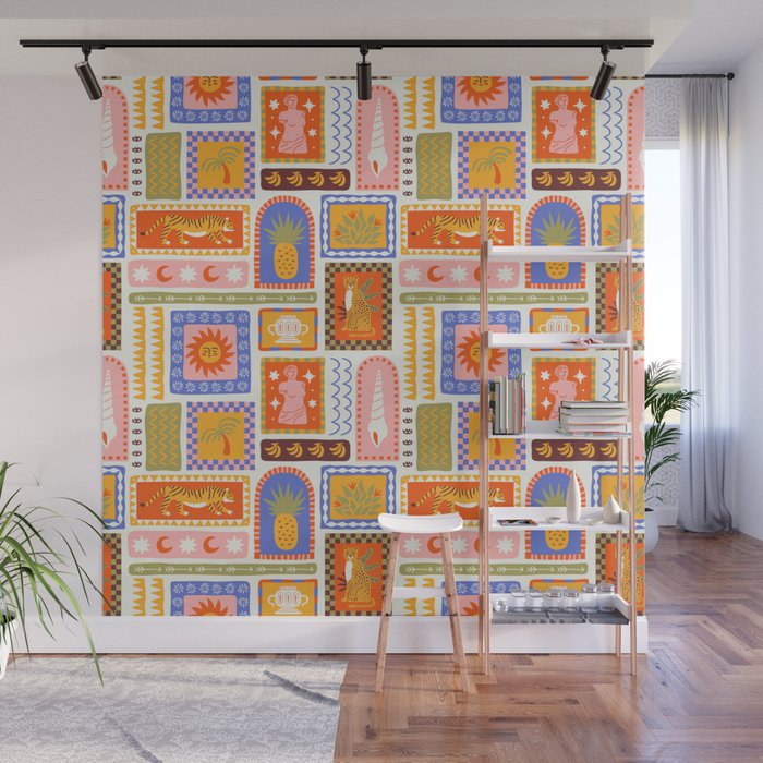 Vintage tropical summer patchwork tapestry pattern Wall Mural Gallery Image 1