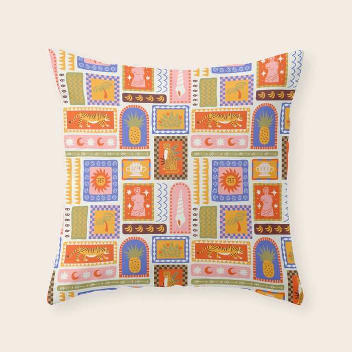 Vintage tropical summer patchwork tapestry pattern Throw Pillow Gallery Image 6
