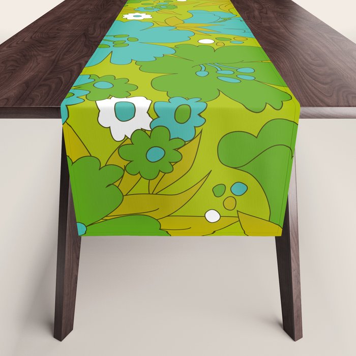 Green, Turquoise, and White Retro Flower Design Pattern Table Runner Gallery Image 1
