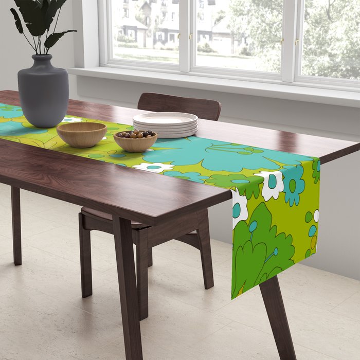 Green, Turquoise, and White Retro Flower Design Pattern Table Runner Gallery Image 2