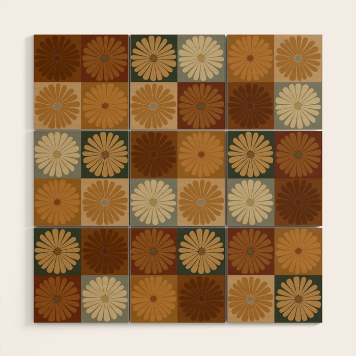 Retro Flowers Check Pattern IV Wood Wall Art Gallery Image 1