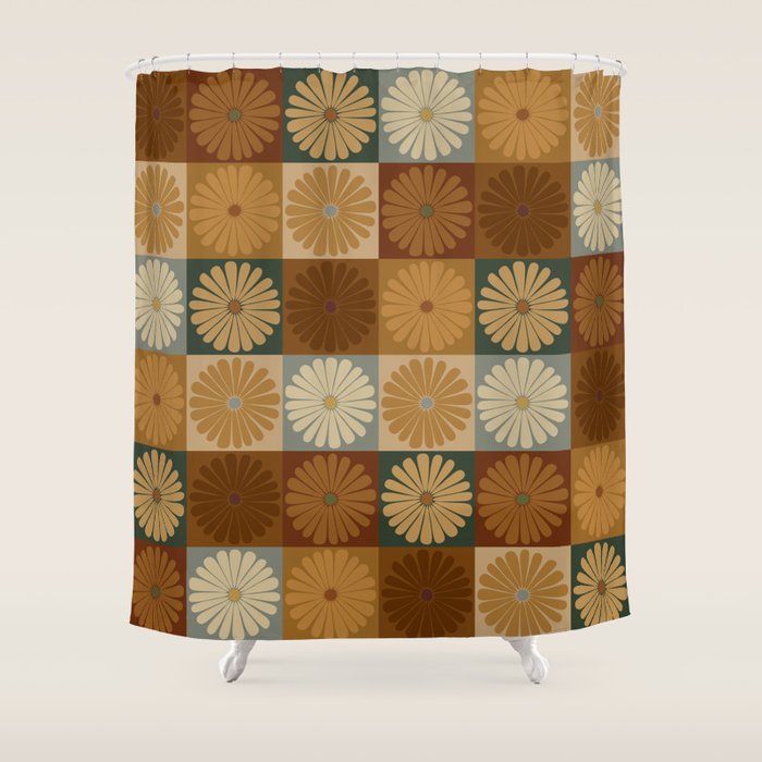 Retro Flowers Check Pattern IV Shower Curtain Gallery Image 1