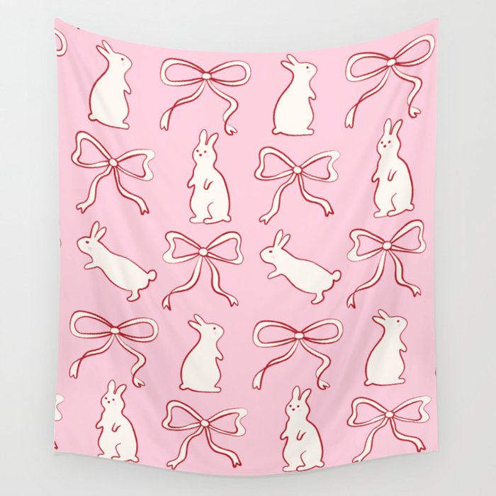 Ribbon Bows and Bunnies in Red, Pink and White Wall Tapestry Gallery Image 4
