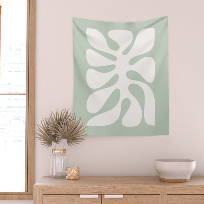 Minimal Abstract Matisse Monstera Pastel Sage Green 2/2 Wall Tapestry Gallery Image 2