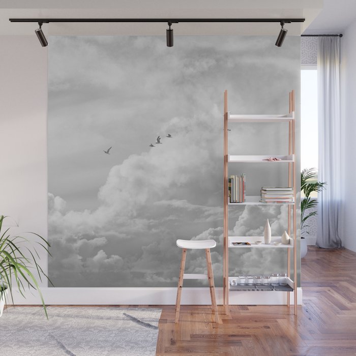 Seagulls in Nazaré Photo | Black and White Travel Photography in Portugal | Clouds and Waves Nature Art Print Wall Mural Gallery Image 1