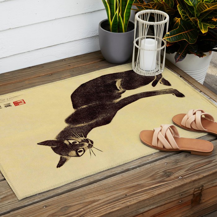 Aoyama Masaharu Black Skinny Cat Japanese Woodblock Print East Asian Art Outdoor Rug Gallery Image 2