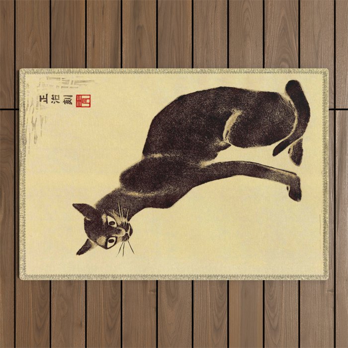Aoyama Masaharu Black Skinny Cat Japanese Woodblock Print East Asian Art Outdoor Rug Gallery Image 1