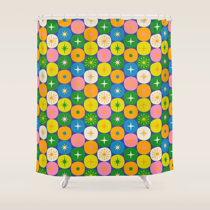 Mid Century Modern Atomic Future Colorful Modtastic Dots and Stars Pattern 2 Shower Curtain Gallery Image 1