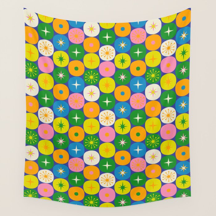 Mid Century Modern Atomic Future Colorful Modtastic Dots and Stars Pattern 2 Wall Tapestry Gallery Image 1