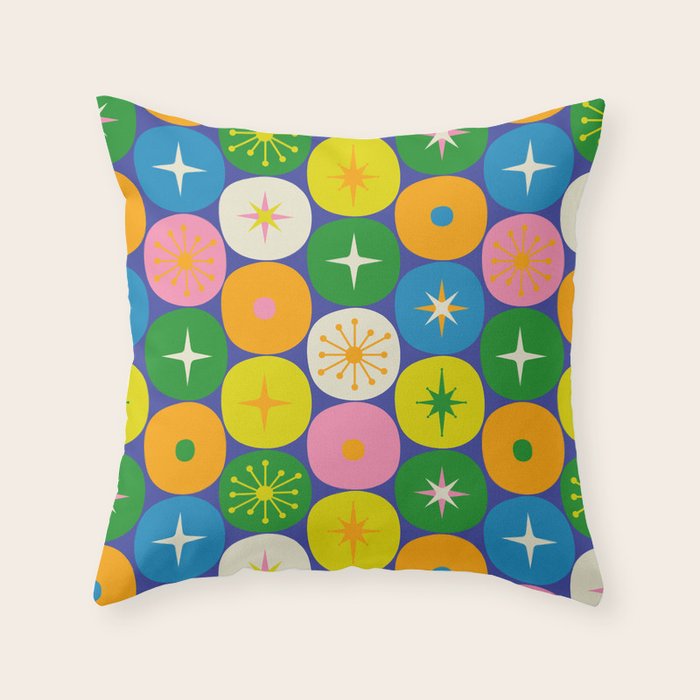 Mid Century Modern Atomic Future Colorful Modtastic Dots and Stars Pattern 2 Throw Pillow Gallery Image 1