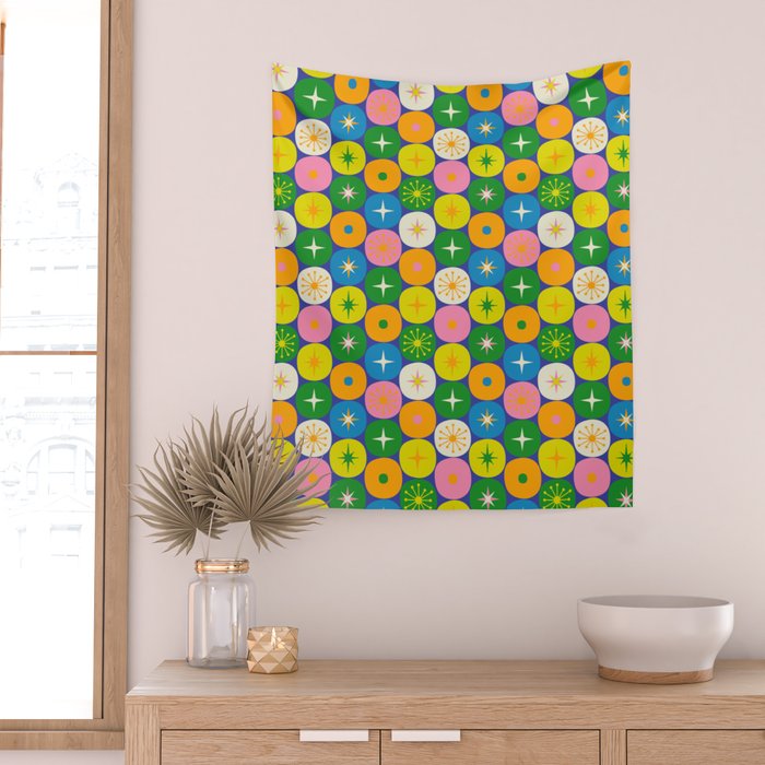 Mid Century Modern Atomic Future Colorful Modtastic Dots and Stars Pattern 2 Wall Tapestry Gallery Image 2