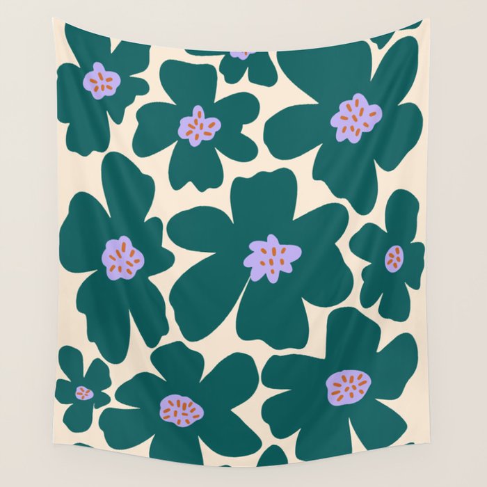 Retro Daisy - Green, purple and pink  Wall Tapestry Gallery Image 1