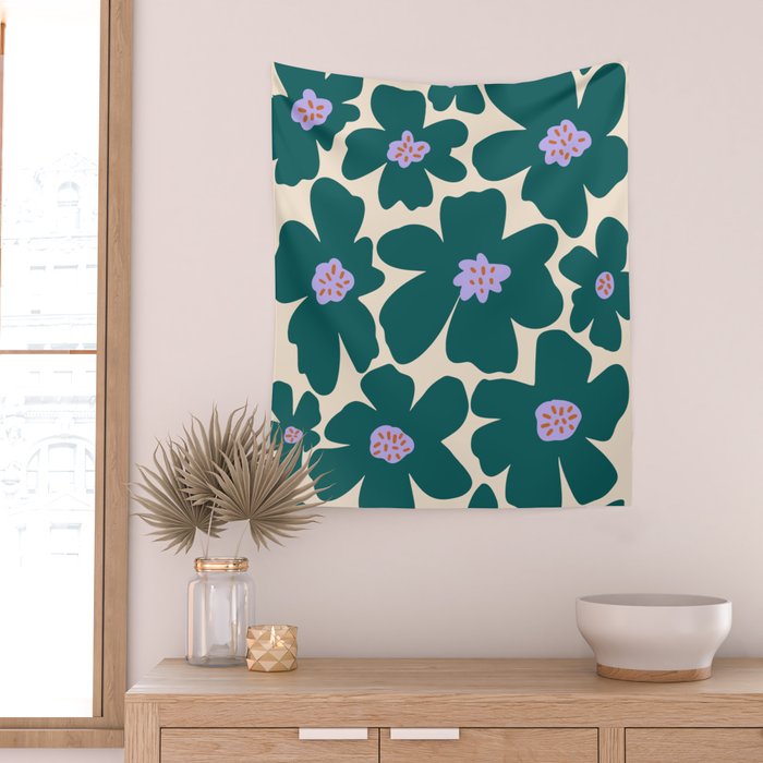 Retro Daisy - Green, purple and pink  Wall Tapestry Gallery Image 2