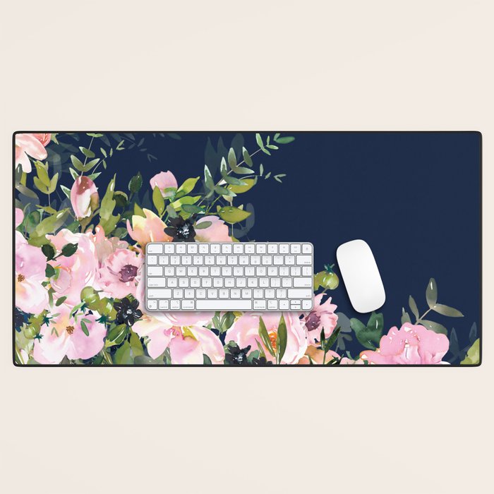 Floral Watercolor, Roses, Navy Blue and Pink, Vintage Art Desk Mat Gallery Image 1